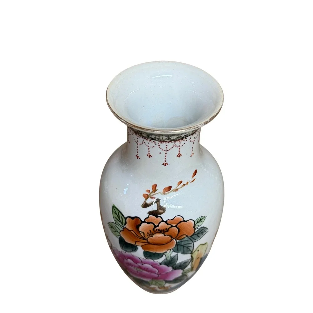 Vtg Chinese Porcelain Floral Vase Hand Painted Peony 8 Inch White‎ Pink Orange